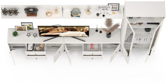 Валенсия Гостиная № 083, цвет ЛДСП белый шагрень/МДФ белый шагрень, ШхГхВ 350,3х38,3х225,2 см., универсальная сборка