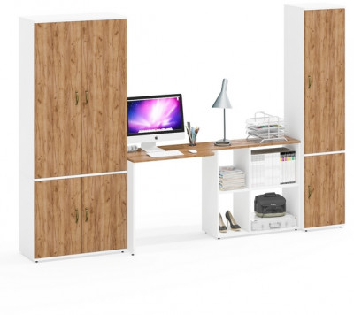 Лидер-8 Шкаф МД 20Б + Стол + Пенал 21Б, белый шагрень/крафт золото