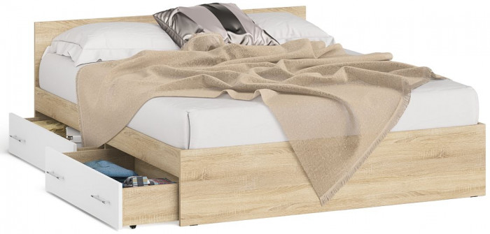 Мори Кровать с ящиками 1600, цвет дуб сонома/белый, ШхГхВ 163,5х203,5х70 см., сп.м. 1600х2000 мм., без матраса, основание есть