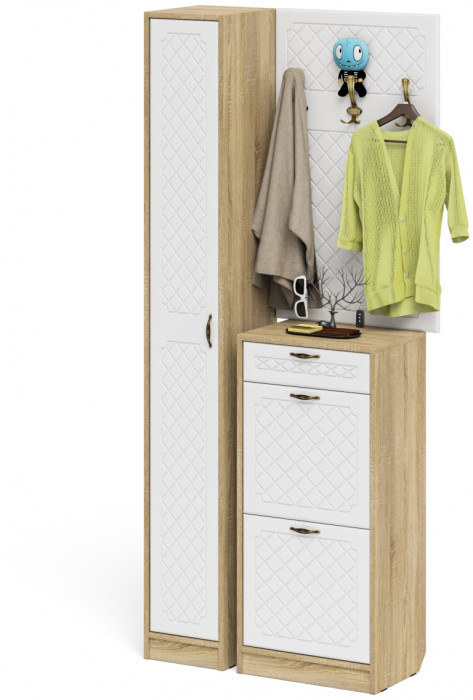 Прихожая П-6 Компоновка № 24, цвет дуб сонома/фасады МДФ белое дерево фрезеровка ромб, ШхГхВ 90х35х210 см., универсальная сборка