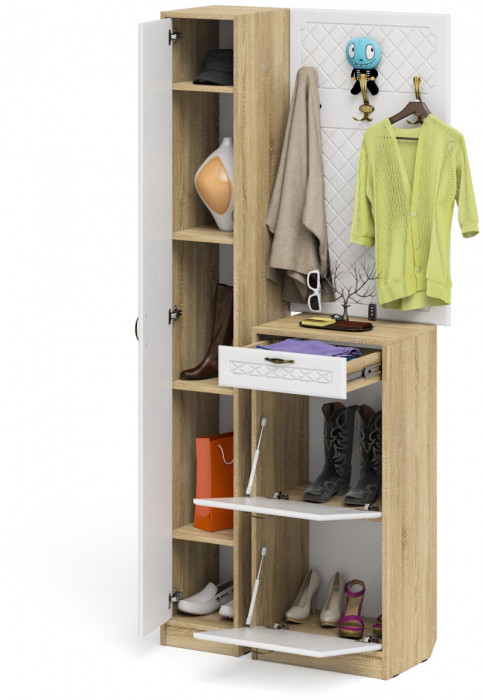 Прихожая П-6 Компоновка № 24, цвет дуб сонома/фасады МДФ белое дерево фрезеровка ромб, ШхГхВ 90х35х210 см., универсальная сборка