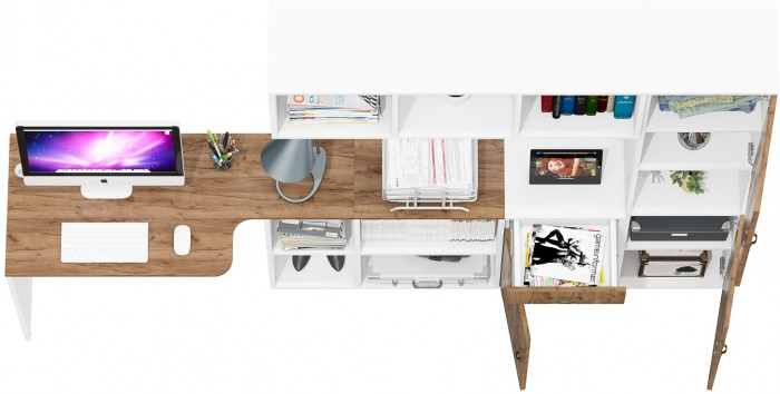 Лидер-8 Стол + Полка + Тумба МД 3.15 + Пенал, белый шагрень/крафт золото