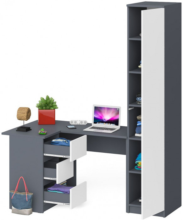 Мори компьютерный стол МС-16 левый + Пенал МШ400.1, графит/белый