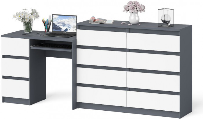 Мори компьютерный стол МС-6 левый + Комод МК1200.8, графит/белый