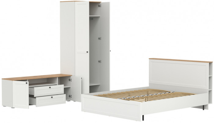 Остин 11.53 Кровать + ортопед + 13.224 Шкаф + 16.47 Тумба под ТВ, белый шагрень/дуб крафт золотой