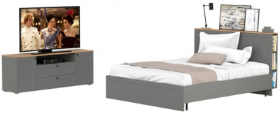 Остин 11.53 Кровать + ортопед + 16.47 Тумба под ТВ, серый графит/дуб крафт золотой