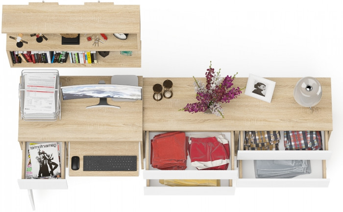 Мори Стол компьютерный МС-1 левый + Комод МК1380.6 + Полка 900, цвет дуб сонома/белый, ШхГхВ 228х50х209,6 см., НЕ универсальная сборка