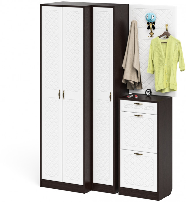 Прихожая П-6 Компоновка № 30, цвет венге/фасады МДФ белое дерево фрезеровка ромб, ШхГхВ 150х50х210 см., универсальная сборка