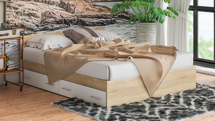 Мори Кровать с ящиками 1600, дуб сонома/белый