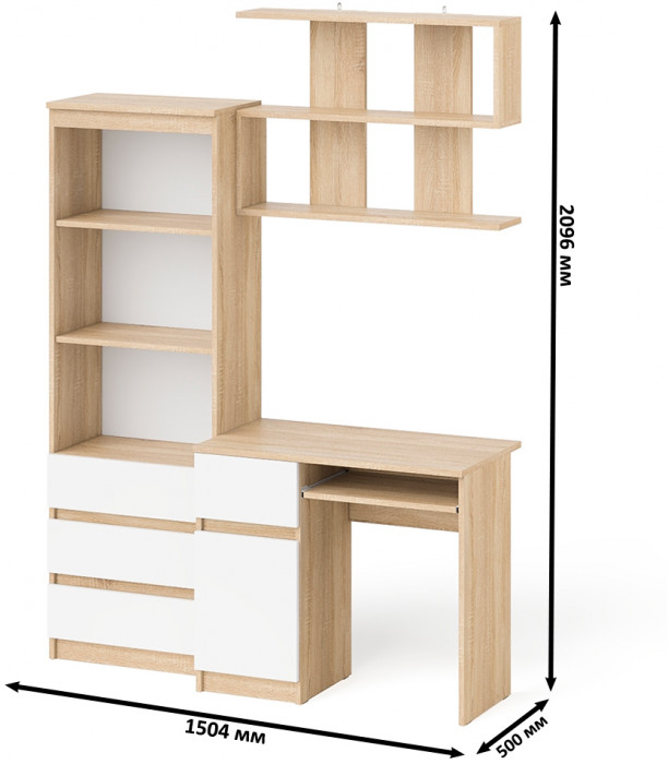 Мори компьютерный стол МС-1 левый + Стеллаж МСТ600.3 + Полка 900, дуб сонома/белый