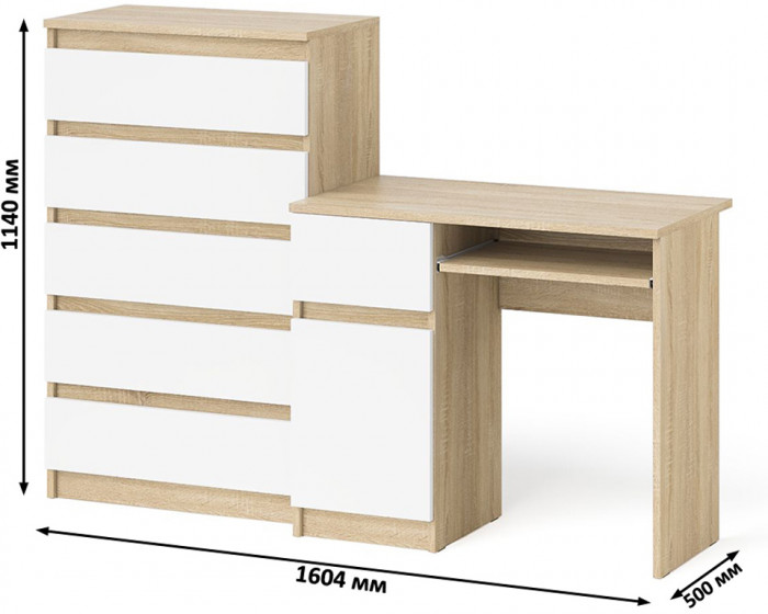 Мори Стол компьютерный МС-1 левый + Комод МК700.5, цвет дуб сонома/белый, ШхГхВ 160,4х50х114 см., выдвижной ящик слева, НЕ универсальная сборка