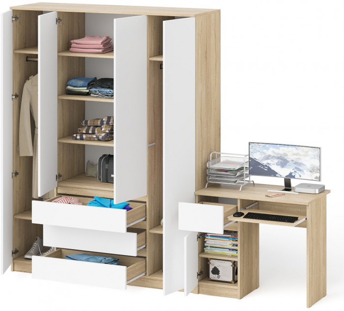 Мори Стол компьютерный МС-1 левый + Шкаф МШ1600.1, цвет дуб сонома/белый, ШхГхВ 250,4х50,4х209,6 см., выдвижной ящик слева, НЕ универсальная сборка
