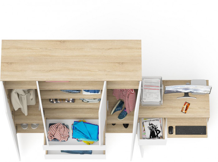 Мори Стол компьютерный МС-1 левый + Шкаф МШ1600.1, цвет дуб сонома/белый, ШхГхВ 250,4х50,4х209,6 см., выдвижной ящик слева, НЕ универсальная сборка