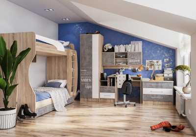 Модульная подростковая спальня Колибри-Лофт, Дуб сонома/Ателье светлое