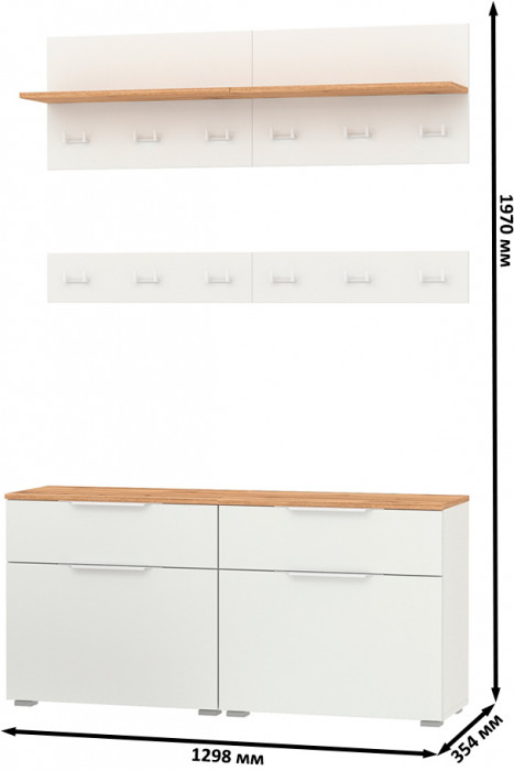 Октава Прихожая 07, цвет белый шагрень/дуб крафт золотой/фасады МДФ белый шагрень, ШхГхВ 129,8х35,4х197 см.