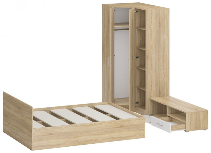Спальня Стандарт 4-1400, дуб сонома/фасады ТВ тумбы МДФ белый глянец