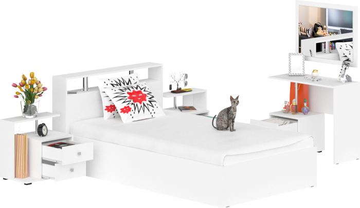 Камелия спальня № 6 Кровать 1200 + Две тумбы + Стол косметический + Зеркало, белый