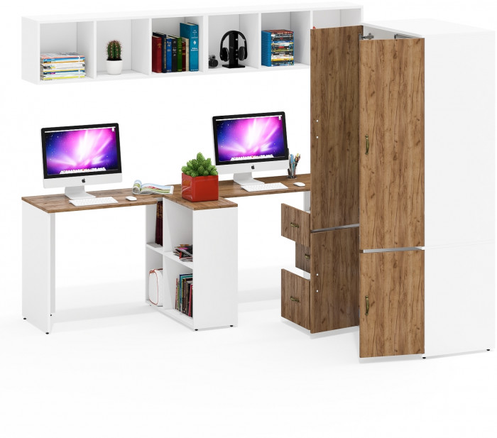 Лидер-8 Стол + Полка + Стол + Полка + Шкаф МД 19Б + Тумба МД 3.16, цвет белый шагрень/крафт золото, 450х50х75/190 или 230х200/50х75/190, НЕ ун. сб.