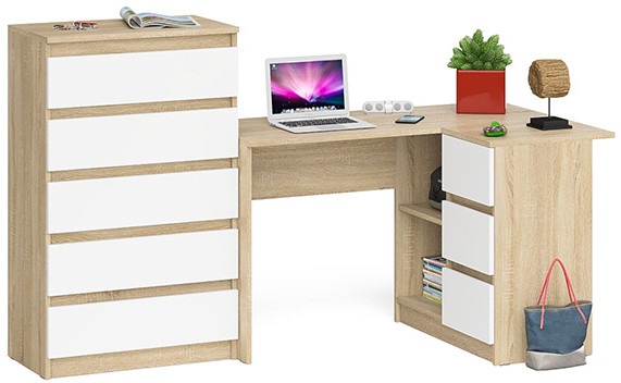 Мори Стол компьютерный МС-16 правый + Комод МК700.5, цвет дуб сонома/белый, ШхГхВ 194,8х84,9х114 см., выдвижные ящики справа, НЕ универс. сборка