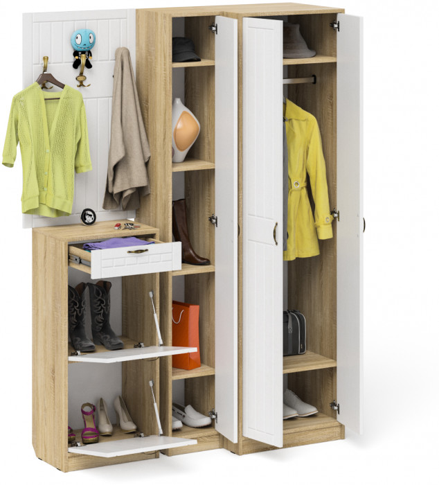 Прихожая П-6 Компоновка № 30, цвет дуб сонома/фасады МДФ белое дерево фрезеровка прованс, ШхГхВ 150х50х210 см., универсальная сборка