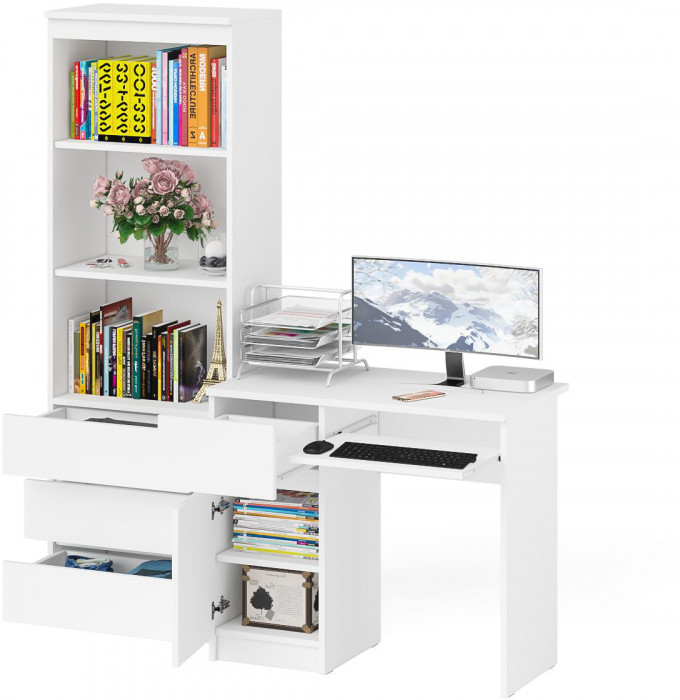 Мори компьютерный стол МС-1 левый + Стеллаж МСТ600.3, белый
