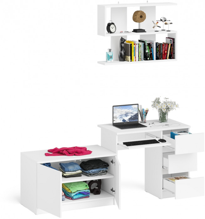 Мори Стол компьютерный МС-6 правый + Тумба МА900.1 + Полка 900, цвет белый, ШхГхВ 180,4х50,4х209,6 см., НЕ универсальная сборка