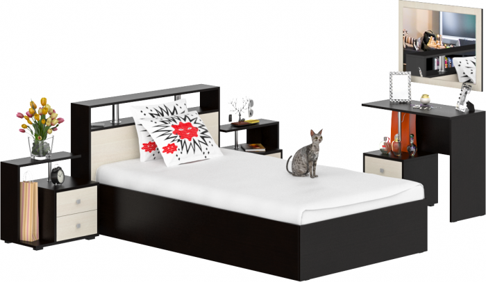 Камелия спальня № 6 Кровать 1200 + Две тумбы + Стол косметический + Зеркало, венге/дуб лоредо