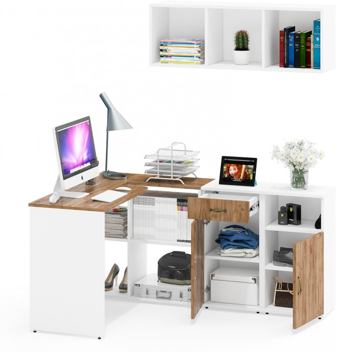 Лидер-8 Стол + Полка + Тумба МД 3.15 + Тумба МД 3.19, белый шагрень/крафт золото