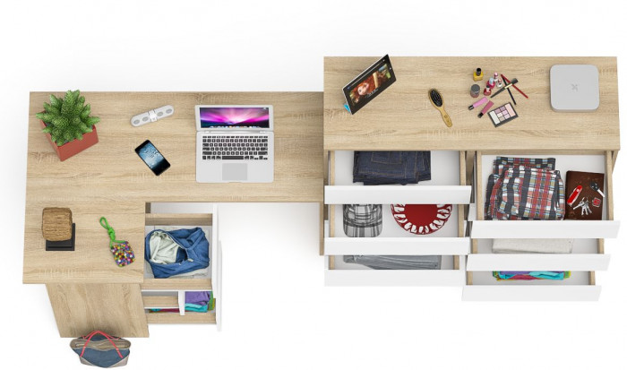 Мори компьютерный стол МС-16 левый + Комод МК1200.10, дуб сонома/белый