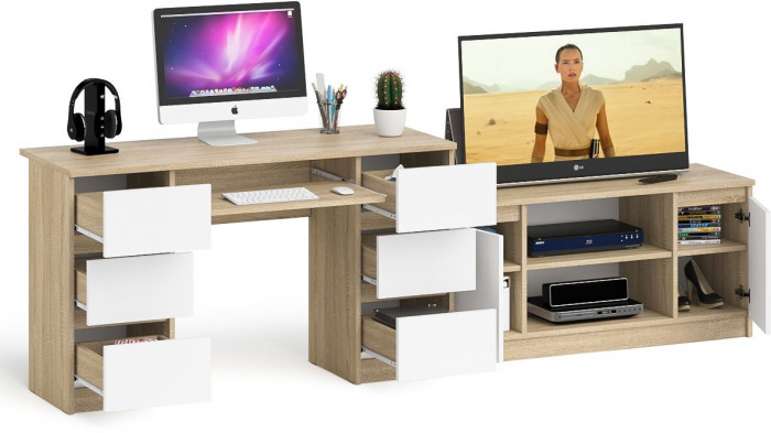 Мори компьютерный стол МС-2 + Тумба МТВ1200.1, дуб сонома/белый