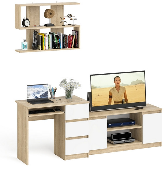 Мори компьютерный стол МС-6 правый + Тумба МТВ1200.1 + Полка 900, дуб сонома/белый