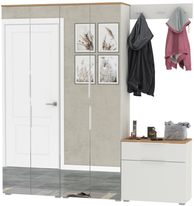 Октава Прихожая 26, белый шагрень/дуб крафт золотой/фасады МДФ белый шагрень