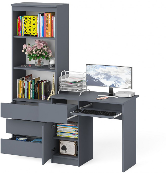 Мори компьютерный стол МС-1 левый + Стеллаж МСТ600.3, графит
