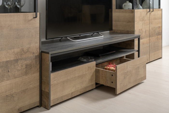 Трувор 13.70 Тумба под ТВ + 13.307.02 Комод с ящиками + 15.60 Полка, цвет дуб гранж песочный/интра, ШхГхВ 215,8х45,4х195 см., универсальная сборка