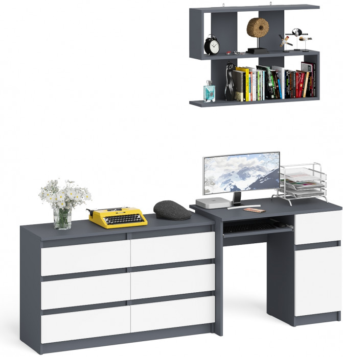 Мори компьютерный стол МС-1 правый + Комод МК1200.6 + Полка 900, графит/белый