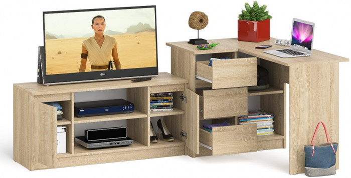 Мори компьютерный стол МС-16 левый + Тумба МТВ1200.1, дуб сонома