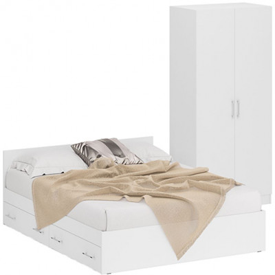 Кровать с ящиками 1600 + Шкаф 2-х створчатый Стандарт, цвет белый, ШхГхВ 163,5х203,5х70 + 90х52х200 см., сп.м. 1600х2000 мм., б/м, основание есть