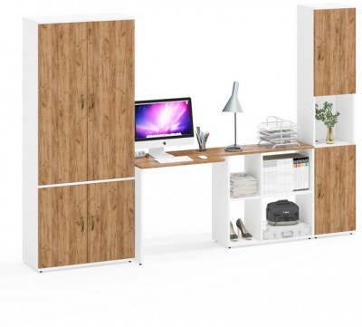 Лидер-8 Шкаф МД 20Б + Стол + Пенал, цвет белый шагрень/крафт золото, ШхГхВ 285х50/37,5х75/190 или 195х120х75/190 см., НЕ универсальная сборка