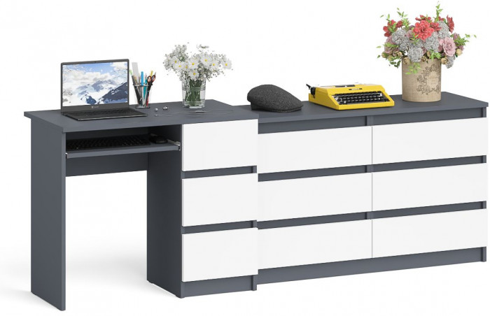 Мори компьютерный стол МС-6 правый + Комод МК1200.6, графит/белый