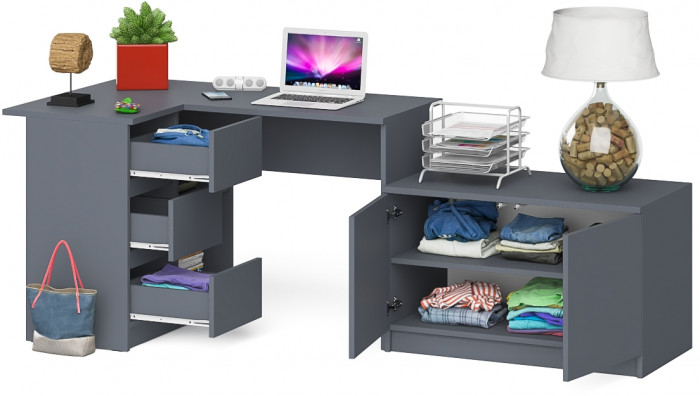 Мори Стол компьютерный МС-16 левый + Тумба МА900.1, цвет графит, ШхГхВ 214,8х84,9х76,6 см., выдвижные ящики слева, НЕ универсальная сборка