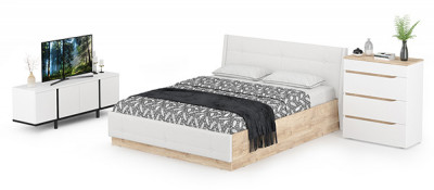 Муссон Кровать 11.28 + подъёмный ортопед + Комод 13.97 + Тумба ТВ 13.276, цвет белый/чёрный/дуб эндгрейн элегантный/кожзам белый, 1600х2000 мм., б/м