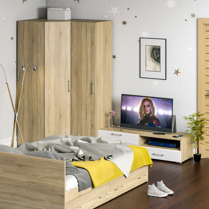 Спальня Стандарт 4-1400Я, дуб сонома/фасады ТВ тумбы МДФ белый глянец