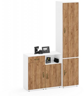 Лидер-8 Пенал МД 21Б + Тумба МД 3.15 + Тумба МД 3.19, белый шагрень/крафт золото