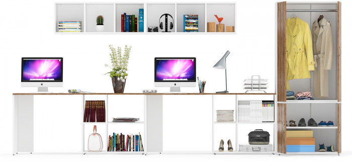 Лидер-8 Стол + Полка + Стол + Полка + Шкаф МД 19Б, цвет белый шагрень/крафт золото, ШхГхВ 410х50х75/190 или 230х160/50х75/190 см., НЕ ун. сборка