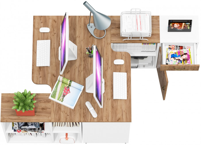 Лидер-8 Стол + Стол + Тумба МД 3.15, цвет белый шагрень/крафт золото, ШхГхВ 370х50/30х75 см. или 230х50/120х75 см., НЕ универсальная сборка