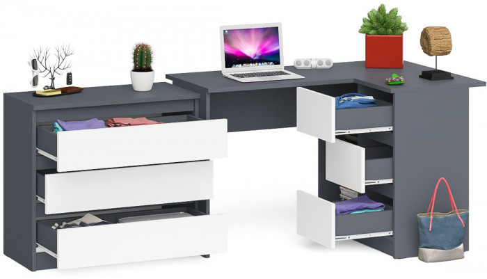 Мори Стол компьютерный МС-16 правый + Комод МК800.1, цвет графит/белый, ШхГхВ 204,8х84,9х76,6 см., выдвижные ящики справа, НЕ универсальная сборка