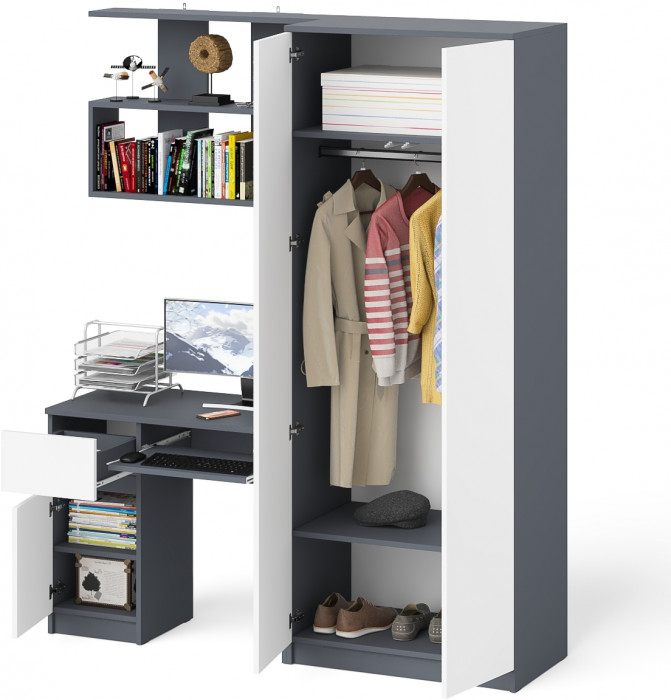 Мори Стол компьютерный МС-1 левый + Шкаф МШ800.1 + Полка 900, цвет графит/белый, ШхГхВ 170,4х50,4х209,6 см., НЕ универсальная сборка