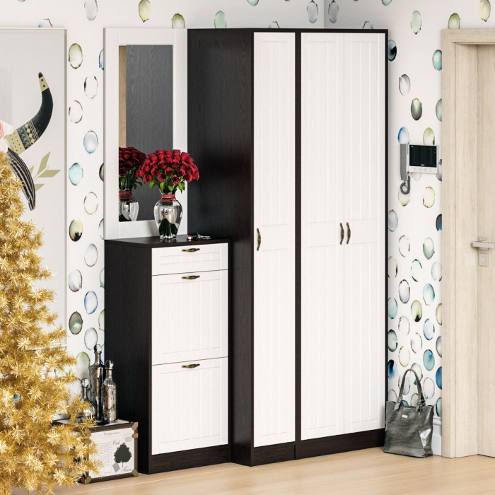 Прихожая П-6 Компоновка № 49, венге/фасады МДФ белое дерево фрезеровка прованс