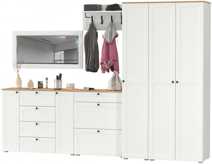 Остин Прихожая 61, цвет белый шагрень/дуб крафт золотой, ШхГхВ 320х54,3х229,6 см., универсальная сборка