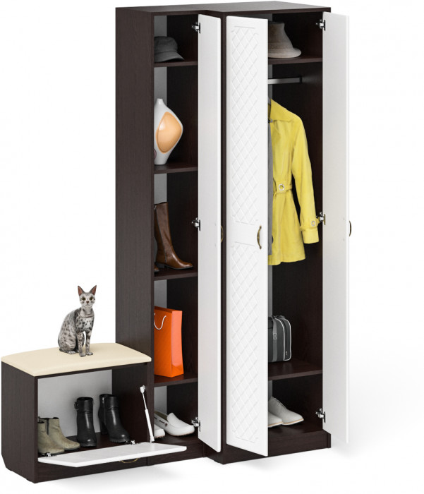 Прихожая П-6 Компоновка № 25, цвет венге/фасады МДФ белое дерево фрезеровка ромб, ШхГхВ 150х50х210 см., универсальная сборка